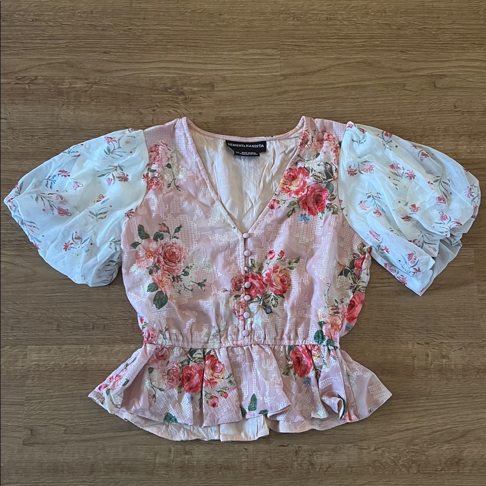 Hemant & Nandita Blouse Pink Rose Garden Shirt Embroidered Puff Sleeve Top XS